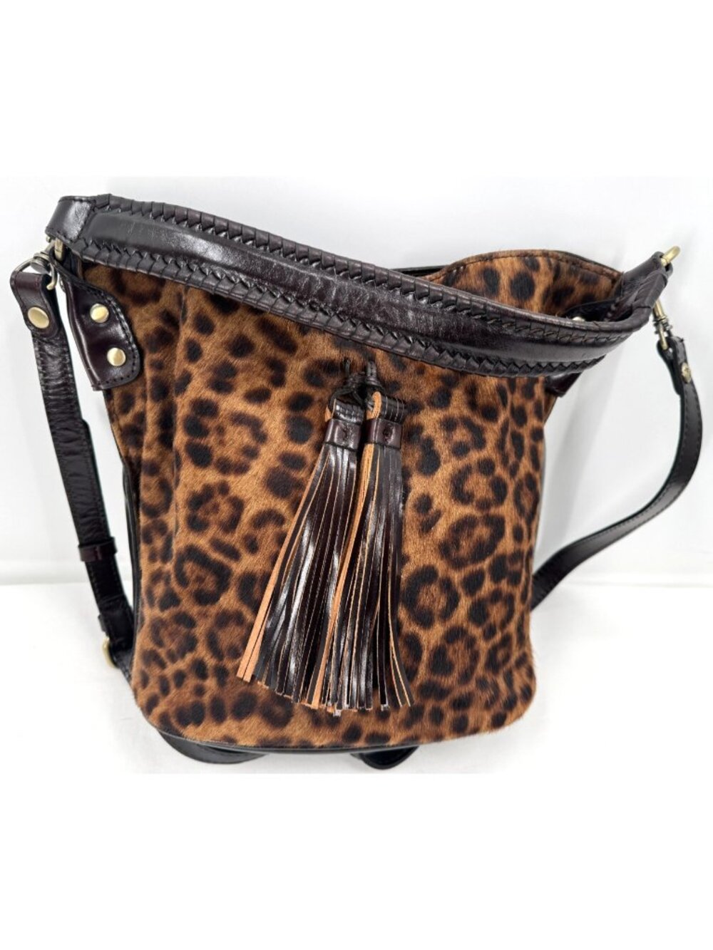 Patricia Nash Leopard Print Cowhide Calf Hair Bucket Bag 2 Way Purse Handbag
